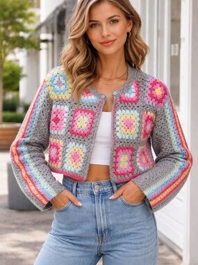 Crochet Patchwork Gray Multicolor Cropped Cardigan Sweater